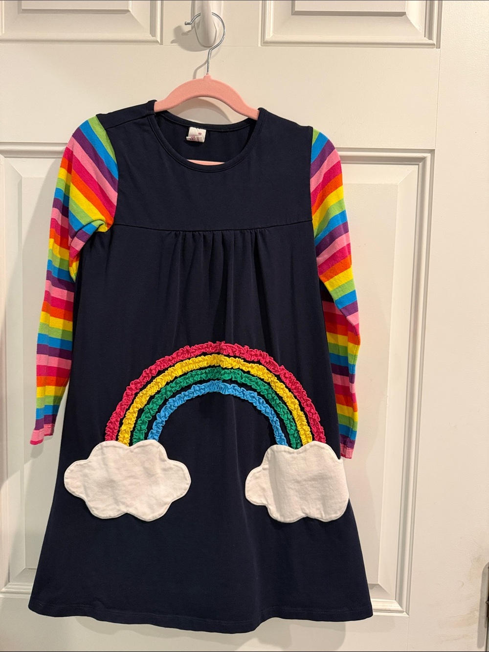 Sunny Fashion Navy Rainbow Dress with Rainbow Sleeves and Cloud Pockets
